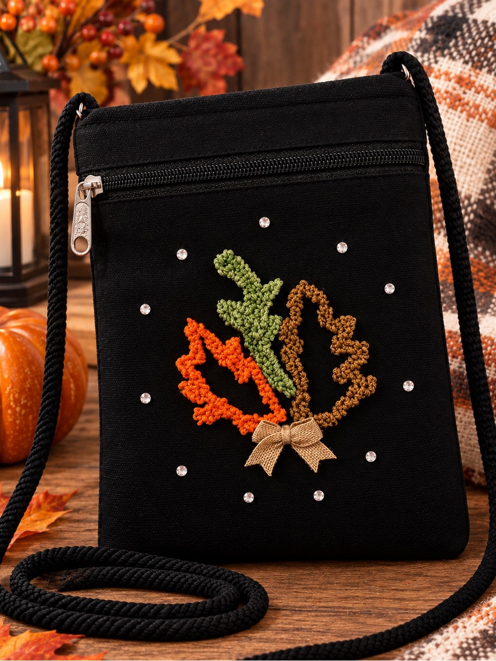 Black Crossbody Bag with Autumn Leafs Embroidery & Rhinestones